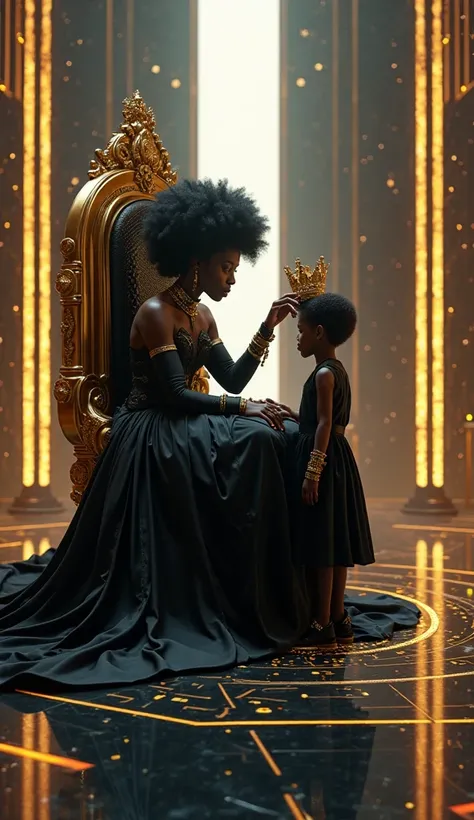 "A powerful Afrofuturistic queen, draped in a flowing black gown, sits on an ornate high-tech throne made of polished obsidian and glowing gold accents. Her presence is regal, her posture poised, and her voluminous afro crowns her like a celestial halo. Sh...