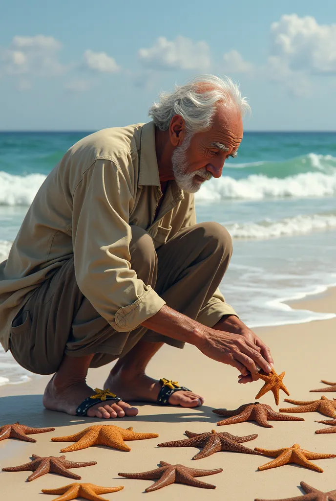 The old man picked starfish in beach