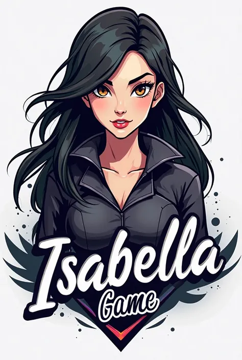 Create me a logo of a Gaimer woman with long black hair and brown eyes that says “isabellagame play” underneath