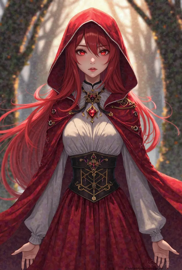 (maximum quality, best quality,  official art , full body shirt, beautiful and aesthetic:1.2) adult, Alone, traje de full body shirt, An Elf girl from anime, anime style,  white skin, pointy ears, long red hair, eyes red, red hooded cape, red clothes,  red...