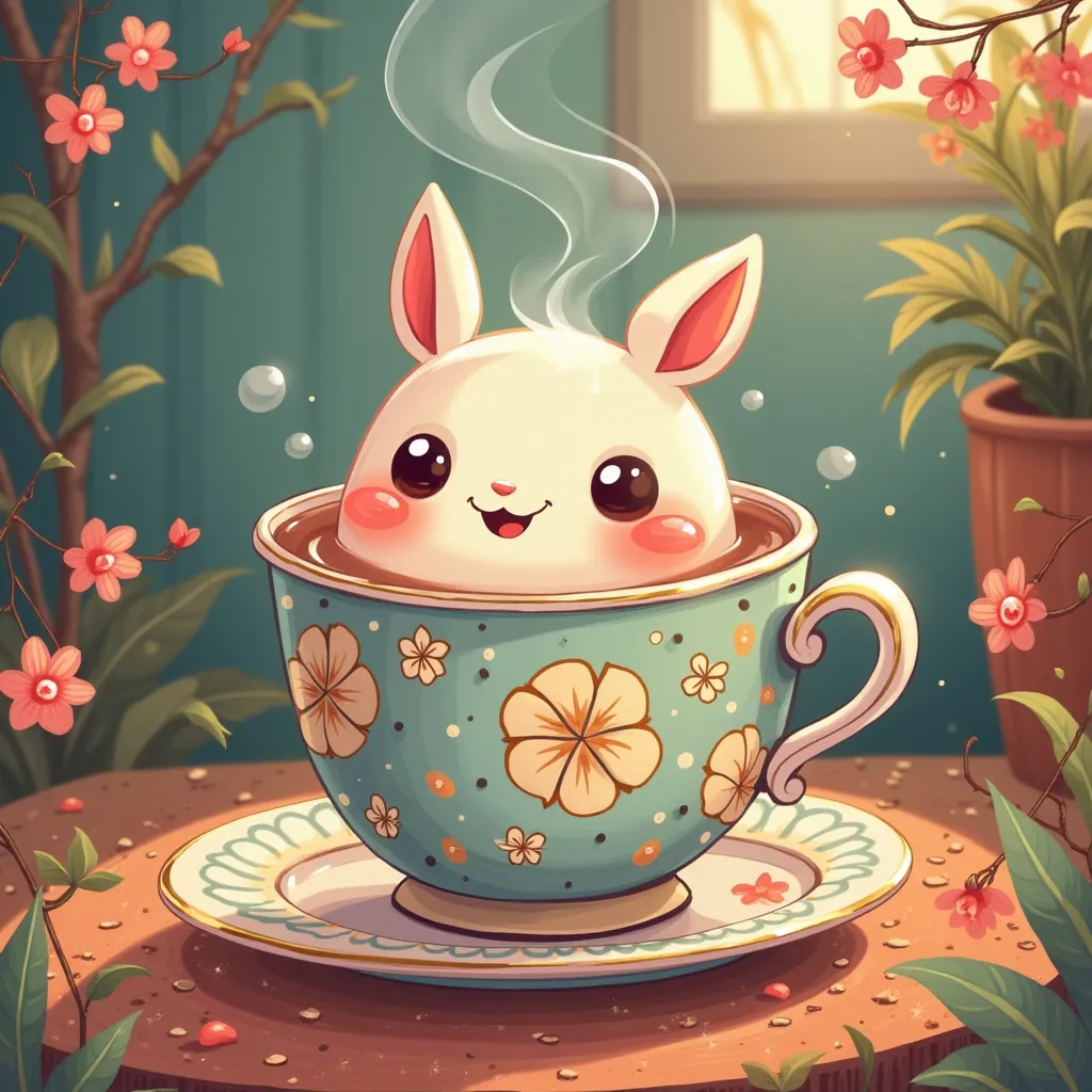 cup of tea,  illustration,  cartoon style, Highly detailed, 8 k