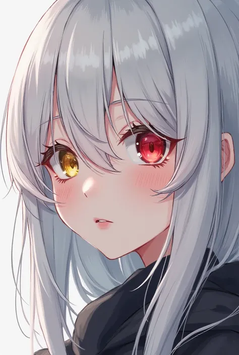 A girl who has white hair and a little black hair with a lot of black hair and clear eyes. Her eyes are different. Her right is red and the left is yellow. She has a long bang that extends over her face 