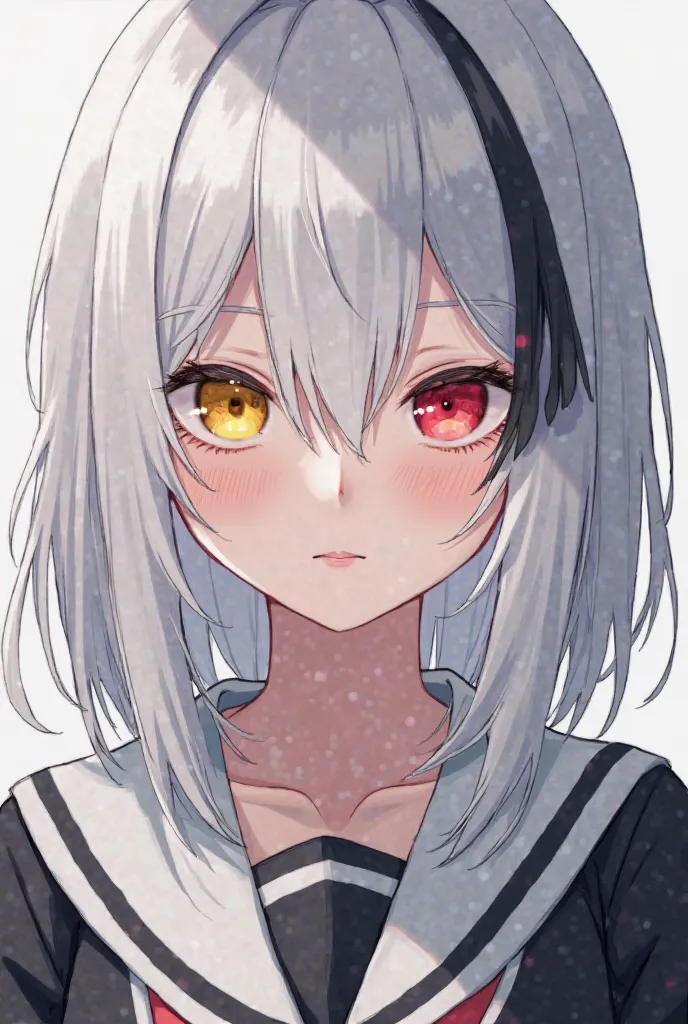 A girl who has white hair and a little black hair with a lot of black hair and clear eyes. Her eyes are different. Her right is red and the left is yellow. She has a long bang that extends over her face 