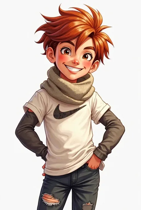 A drawing of a boy with reddish black hair, white Nike shirt, happy face, with scarf, ripped black jeans, with arm warmers,