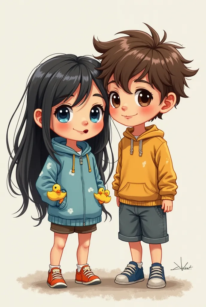 Create an image of two ren of the same age (4-), in which the first boy has these characteristics: she will be a girl with very black hair and blue eyes, she has small yellow duck wings. And the second is a boy with brown hair and dark brown eyes, also wit...