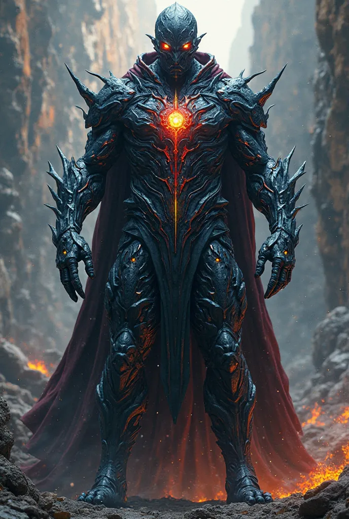 Zor'Queth is a colossal entity, measuring 10 meters high when in its materialized form. His skin is a fusion of organic metal and pure energy, constantly pulsating between deep black and iridescent reflections of impossible colors. His eyes are brilliant o...