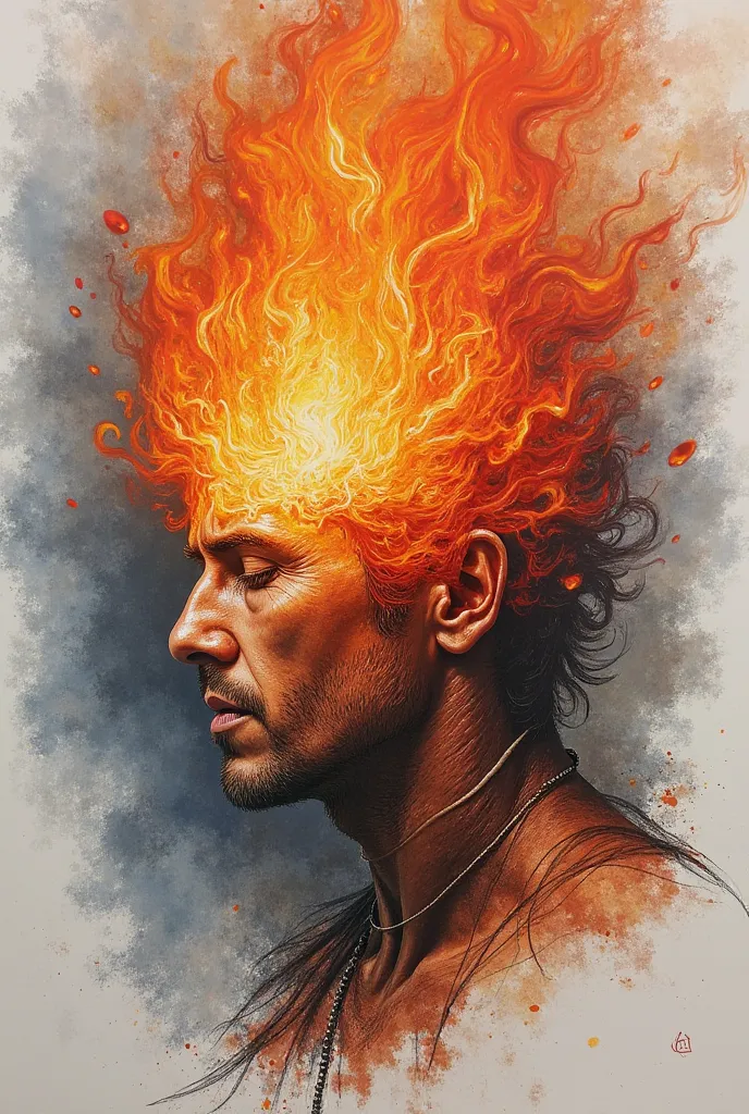 I want you to represent this text in a drawing that looks like it's done in pencil and painted with colored pencil colors: **I'm burning.**

It is a scorching fire that devours me from within. Sorry to run for my soul, consume every corner of my being. **G...