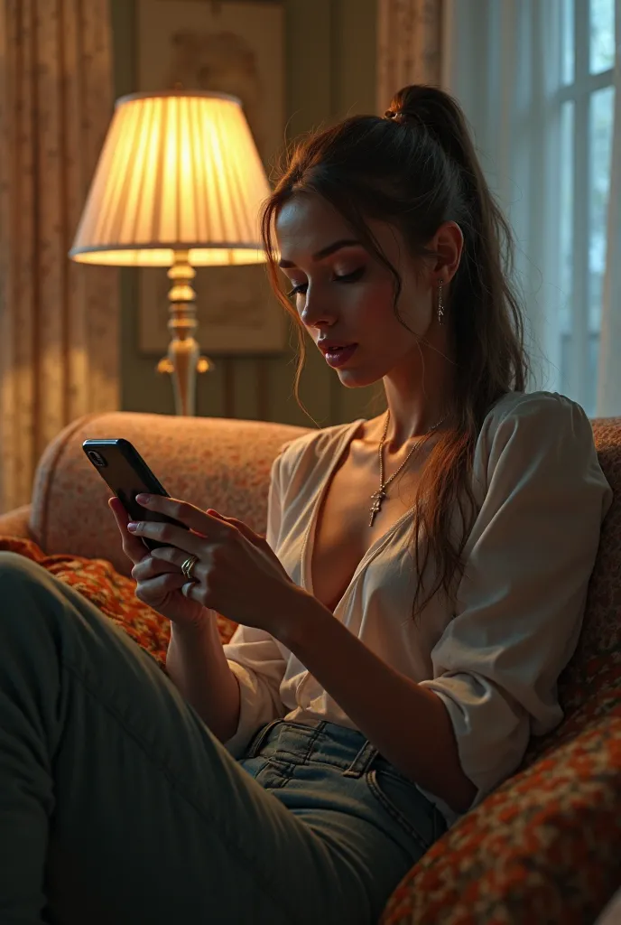 there is a woman sitting on a couch holding a cell phone, Arte Digital by mads berg, tendências no ArtStation, Arte Digital, realistic Arte Digital 4k, realistic Arte Digital 4 k, Pintura Digital Elegante, beautiful Arte Digitalwork,  iluminação realista d...