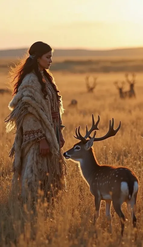 A woman from the Lakota tribe, wearing traditional fur clothing, is standing in an open field surrounded by deer. She attentively watches one of the deer,  that approaches cautiously , while a light breeze moves the tall grasses around. The woman has a ser...