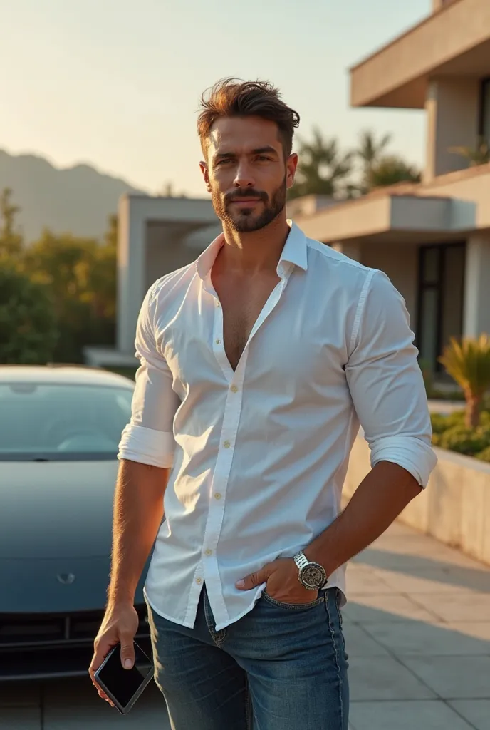 a 30-year-old man, rico, attractive and with a strong physique, wearing a well-fitting dress shirt (short-sleeved or rolled up) and modern jeans. He is holding a state of the art cell phone in one hand, posing confidently in front of his luxury car ( like ...