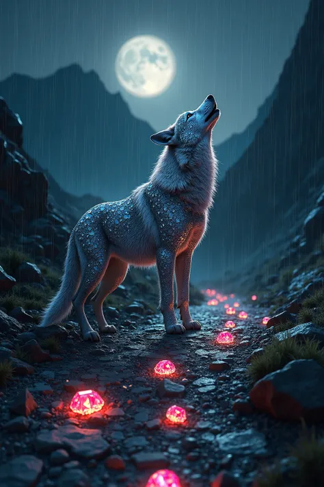 A majestic wolf, half made of sparkling faceted rounded diamonds and half realistic fur, stands on a rugged mountain path with wolf footprints marked on the ground. The wolf howls at a full moon, casting a dark shadow behind it. The diamond parts of the wo...