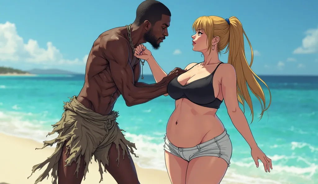 skinny black african guy, tramp clothes, Squeezing holding beautiful anime woman's ass,bright white skin ,black tank top, white shorts, White hair,  chubby pussy,big boobs nipples out, at the beach 