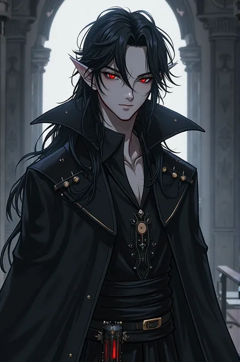 (Masterpiece, very high quality, very detailed representation, amazing high definition, high quality anime drawings, style-anime), Kokabiel is a tall and thin with pointy ears. 1 man, male, handsome man with detailed face, pale man with long black hair and...