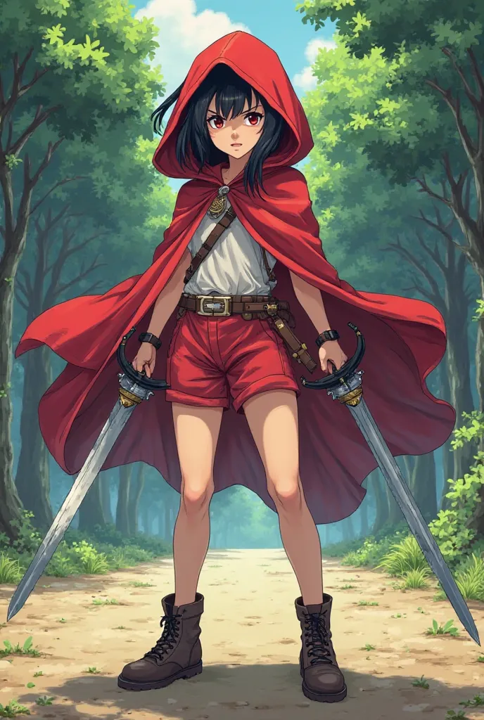 Little Red Riding Hood girl with a fierce expression with a sword in her hand , red hooded cape and very short red shorts with a background of a wide plain in front of an anime-style forest