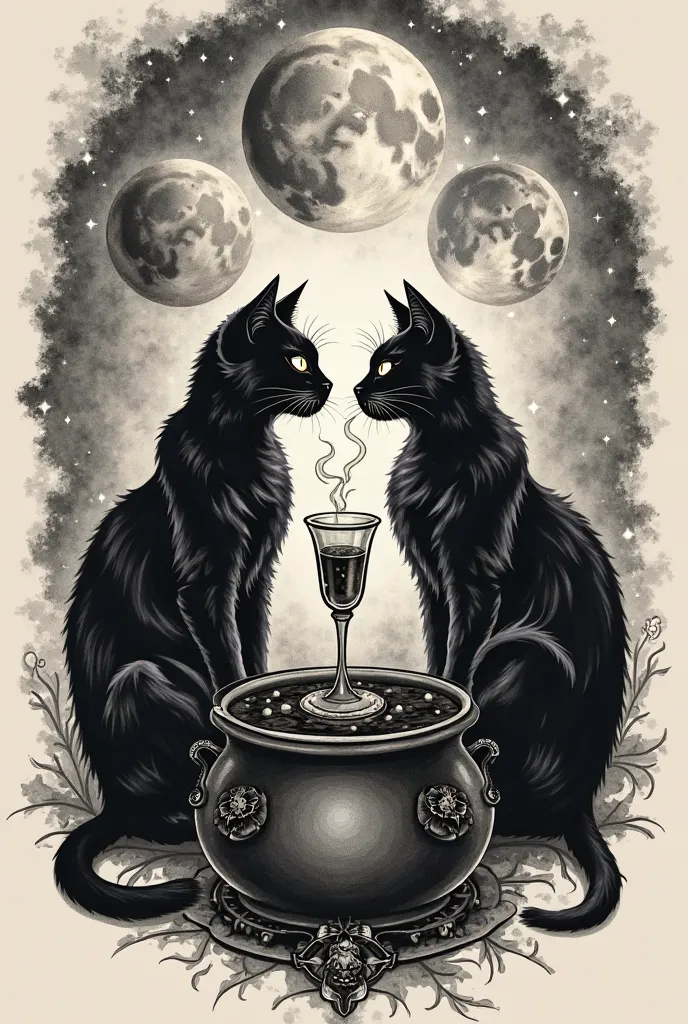 tattoo design: design; Phases of the Moon two black cats DOING MAGIC IN A CAULDRON and a GLASS OF ENCHANTED POTION symbol of Jupiter