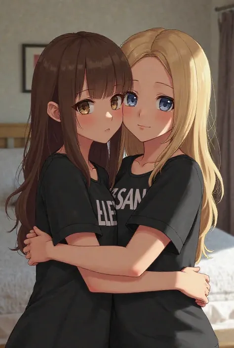 A girl with brown long hair and brown eyes wearing a black shirt with white lettering LEYSAN hugs a girl who has long blond hair and blue eyes. She has a black white t-shirt with LEMSOVA written on them. They are standing in the house in front of the bed