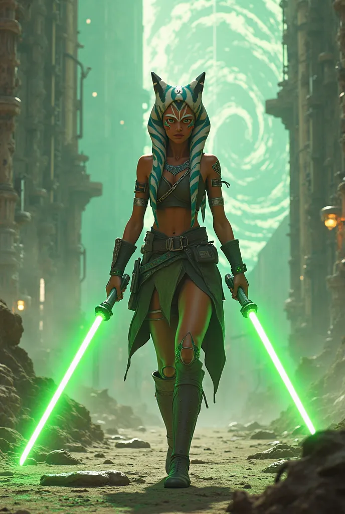 Azoka Tano backwards heading to fight the Sith, You must wear green light sabers, Wide angle,  rendered in octane ,  volumetric lighting ,  intricate details, ultra detailed, 3D image, resolution 64K.  photographic style :  Nikon D7500 camera 50mm lens , o...