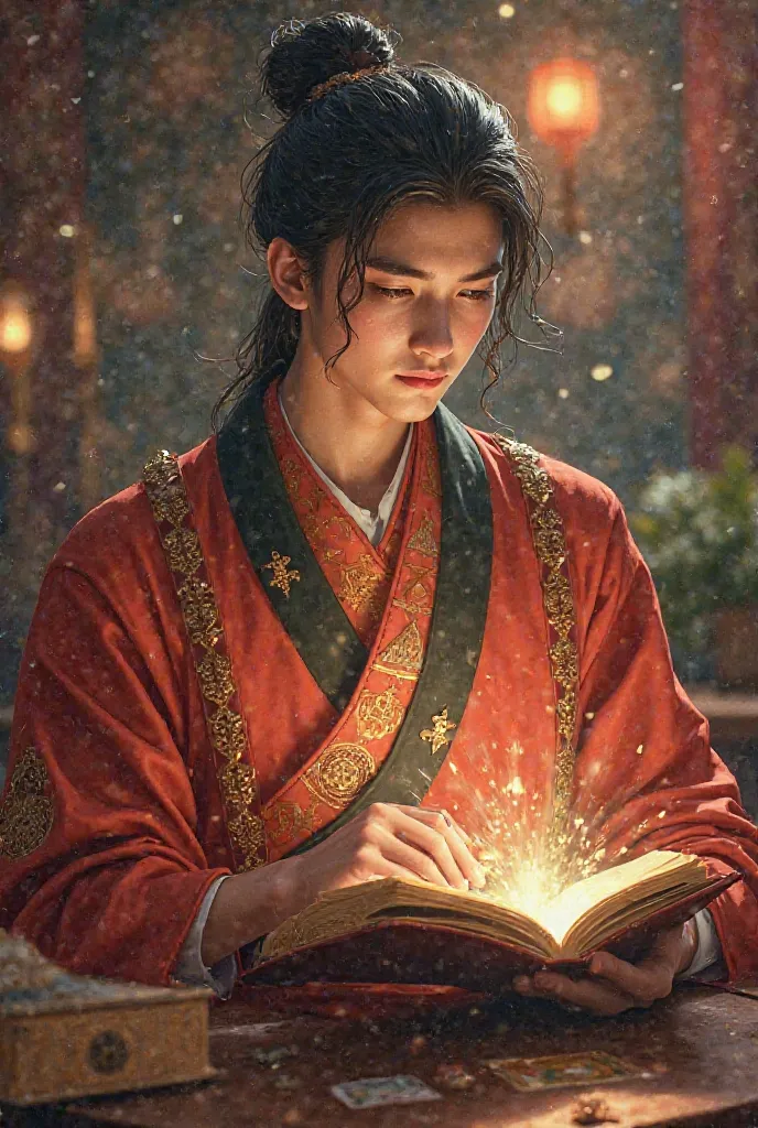 I want you to draw it：god々Successfully、Very young 、a male oriental fortune teller with bright skin。Tarot、Horoscope、A male fortune teller who can easily read the future with great skills and strong inspirations。god秘的な背景を入れて