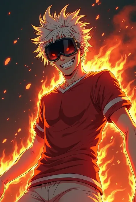 A demonic human, anime style, male with messy white hair and an ominous smile. His body is shrouded in burning flames and shadows, creating a monstrous and menacing aura. He wears black ski goggles with incandescent details that reflect the glow of the fir...