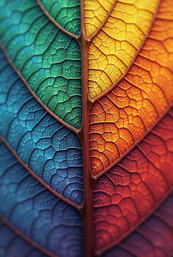 A highly detailed close-up of a leaf's intricate vein structure, similar to a macro photography shot. The leaf has a mesmerizing gradient of colors blending seamlessly, including shades of blue, green, red, yellow, purple, and orange. The fine details of t...