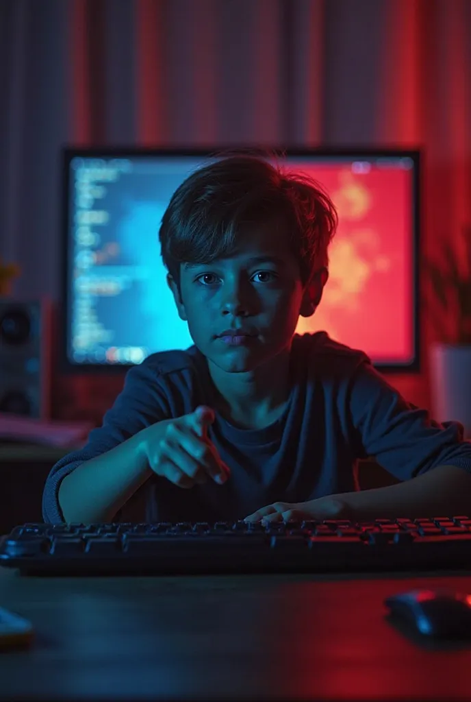 A front-facing shot of a young boy age (;14-16) sitting at a desk, using a PC, while pointing with one hand in a clear gesture.
Cinematic red and blue lighting in the background, reminiscent of a film set.
Realistic style, moody environment.