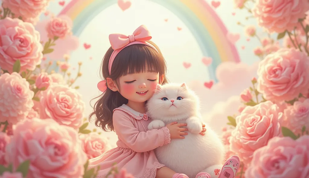 L'image représente une scène féerique et attendrissante où une adorable petite fille tient tendrement un chat blanc duveteux dans ses bras. Elle est habillée d'une magnifique robe rose pastel assortie à un gilet délicat et ornée d'un col décoratif. Un band...