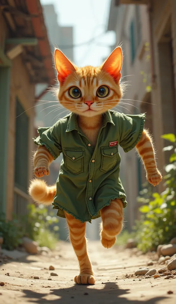 A skinny light-yellow cat with slightly matted fur, wearing a torn oversized green shirt with rips worsening at the shoulders and hem, running through a narrow alley delivering newspapers, sunlight streaming through roof gaps, fast-paced action, detailed e...