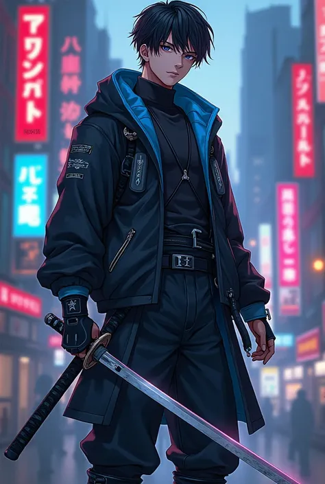 Male anime-style character ,  positioned in a setting inspired by a futuristic cyberpunk city, with tall buildings, neon lights and vibrant tones . The character is a young warrior ,  wearing a black outfit with details in blue ,  holding a katana in a fir...