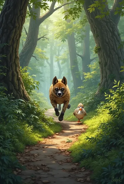 A hyena chases a duck down a forest path