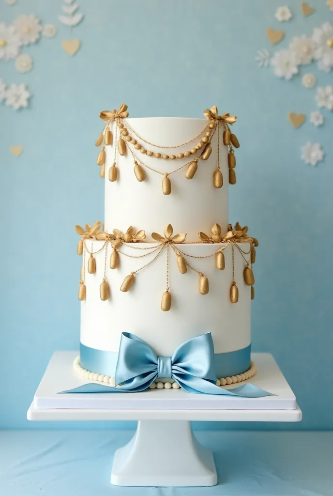 A two-tier wedding cake with a smooth white fondant finish, elegantly decorated with gold bell-shaped cookies hanging from delicate light blue ribbons. The bells are arranged in a garland-like pattern, draping gracefully around the cake. The base of the ca...