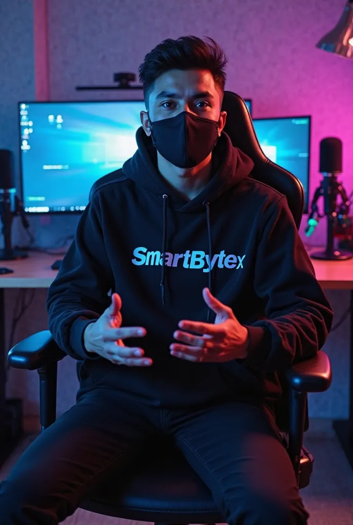 An Indian/ Bangladeshi 18 year man sitting confidently on a
modern gaming chair in his YouTube studio. He is wearing a bright black hoodie with "SmartByteX" boldly printed on it. His face is clearly visible and expressive despite wearing a sleek black covI...