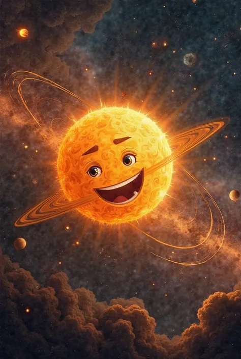 "A wise, smiling sun explaining gravity to a small, glowing star. Planets are orbiting around the sun in curved paths, visually demonstrating gravity. The background is a deep cosmic space with nebulae and stars."