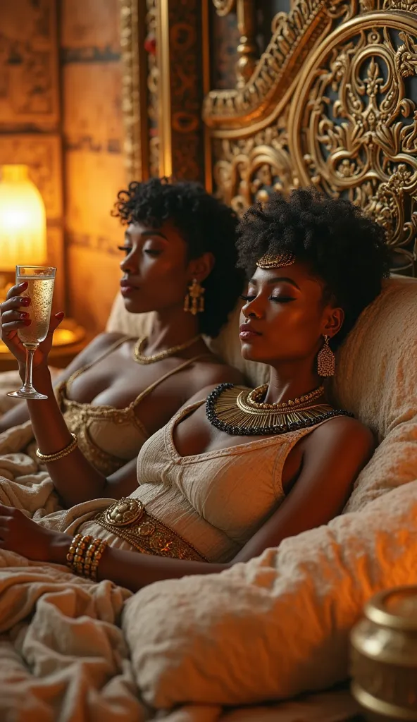 Queen Cleopatra with Short Hair and Lizo drinking on a small gold rate alone on a bed in a palace in ancient Egypt,  ultra real and professional images