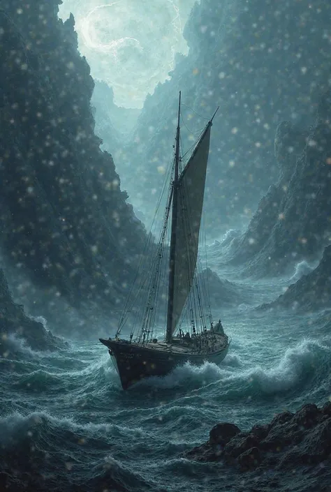 Ship without a rectangular shaped sail between giant dark waves 