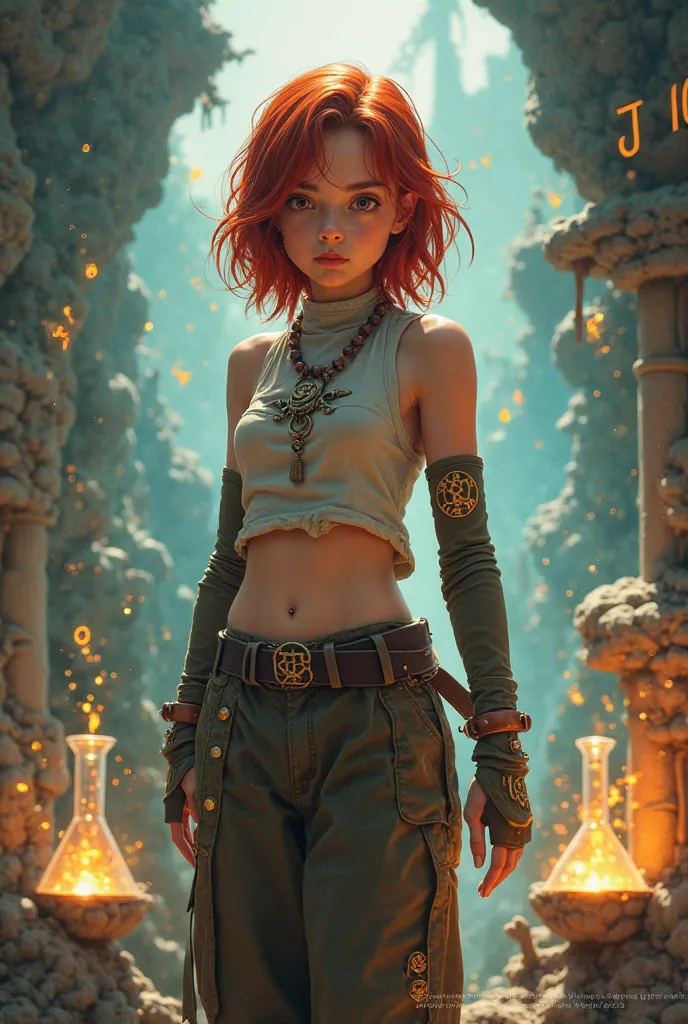 A 15-year-old alchemist,  with brown eyes,with shoulder-length hair and red, wearing a high-neck and slightly short sleeveless t-shirt, wearing wide pants and arm warmers