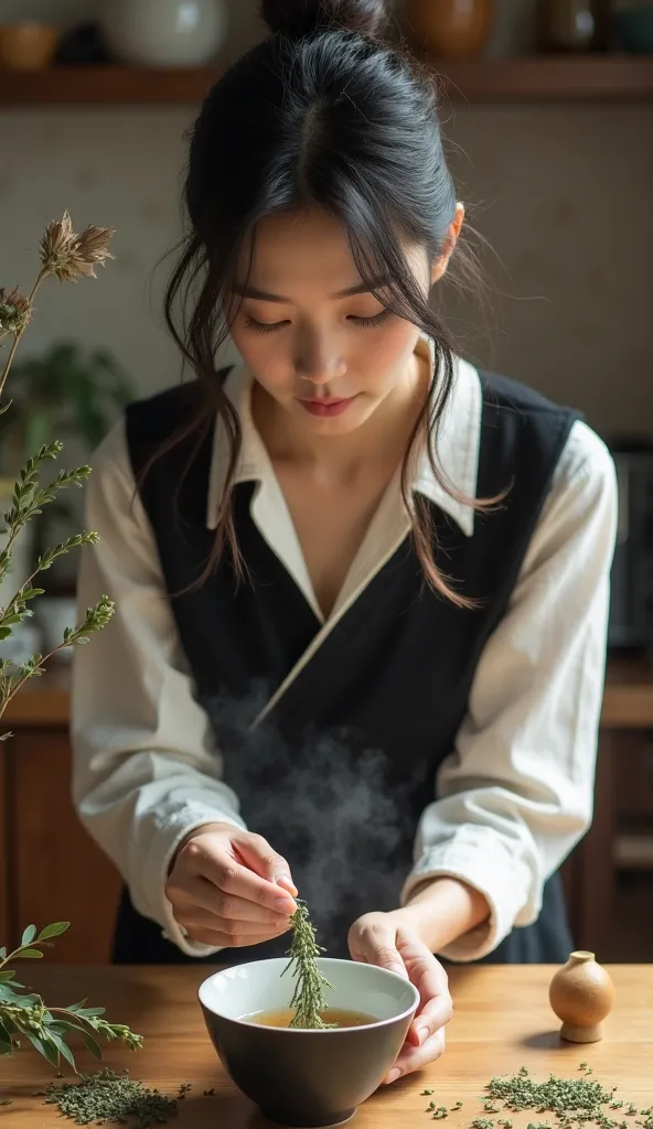 A young Korean woman wears an Abis shirt while she is in the kitchen with crushed wormwood in front of her and a cup of hot water next to it on the table