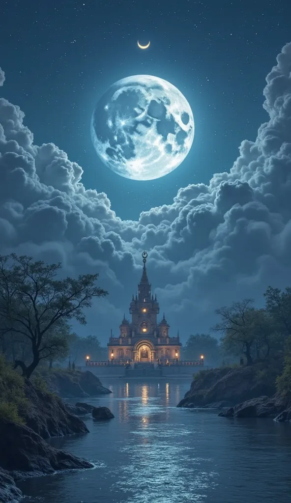 "An artistic representation of Monday, symbolized by a serene moon shining in the night sky, casting a soft glow over a peaceful landscape. The word 'Monday' is subtly integrated into the scene, appearing in the clouds, stars, or as an ancient inscription ...