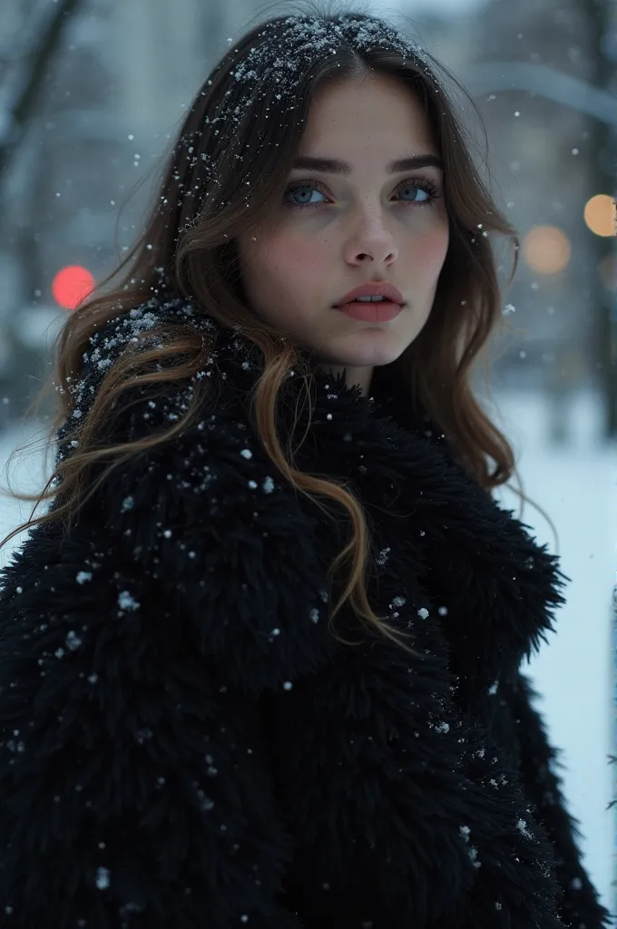 A Turkish girl with Rizk eyes and a luxurious elegant black coat in the middle of the snow at night 