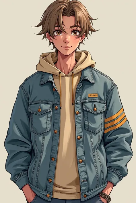 A 19-year-old boy named Rui (Realistic)
 Height: 1,78m
Body: thin, but with subtle muscles in the arms (like someone who skates or does parkour).
Hair:  Light Brown ,  smooth and slightly messy , always half falling into the eyes. . He likes to partially s...