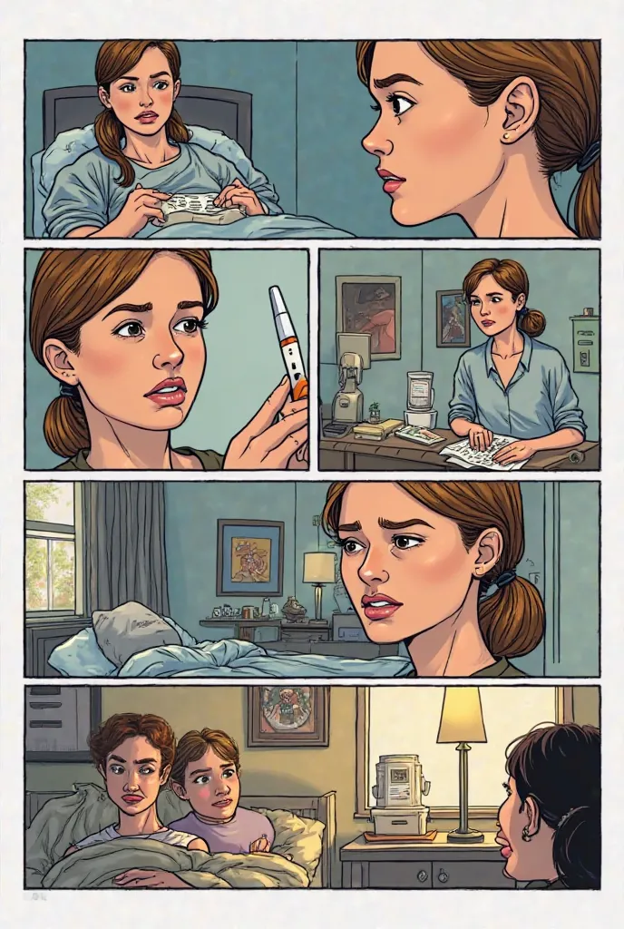 Comic with these 6 bullet points 
Vignette 1: Alison wakes up feeling strange - Shows Alison in her bed, feeling dizzy and fatigued. A close up of her face with an expression of concern.

Vignette 2: The pregnancy test - Alison and Lisa are in the school b...