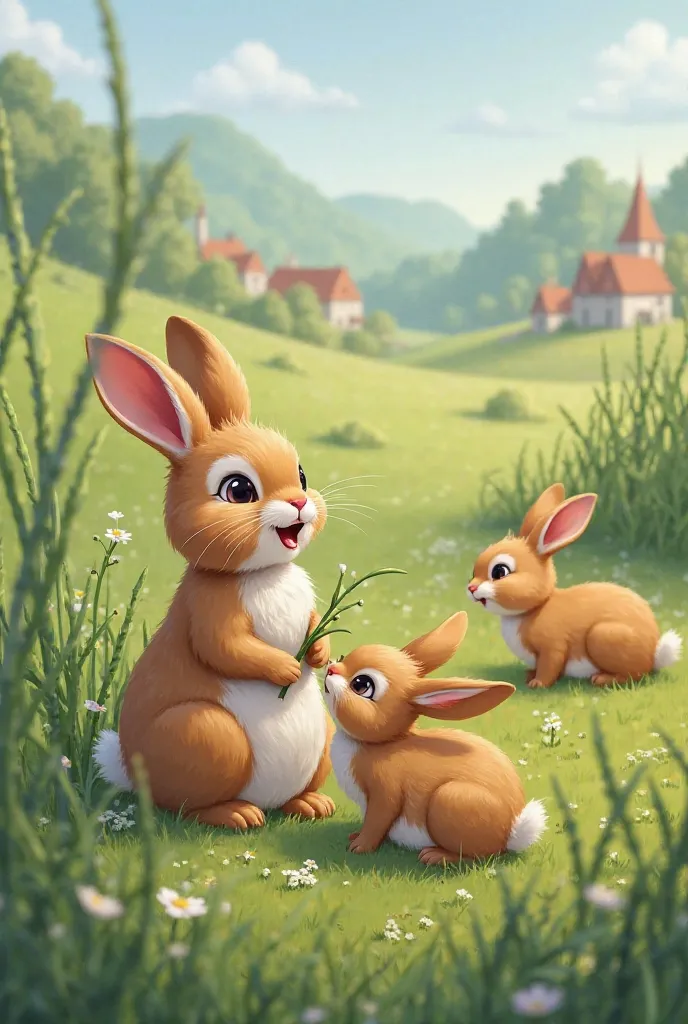 "Lay the rabbit gently on the ground by removing the green grass and fresh leaves. The ren come forward happy, try to touch the grass with their little paws, and look at their mother with interest. In the background there should be a small village and a sl...