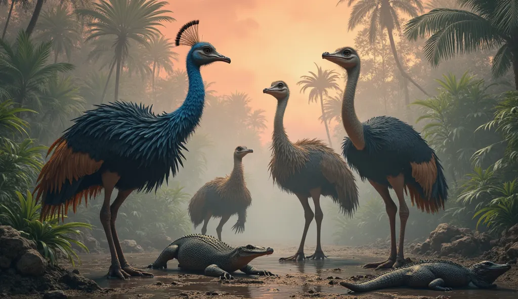 A realistic photo featuring modern animals closely related to dinosaurs, standing in a prehistoric-inspired environment. In the foreground, a cassowary with vibrant blue skin, a tall casque, and piercing eyes stands proudly. Beside it, an ostrich with stro...