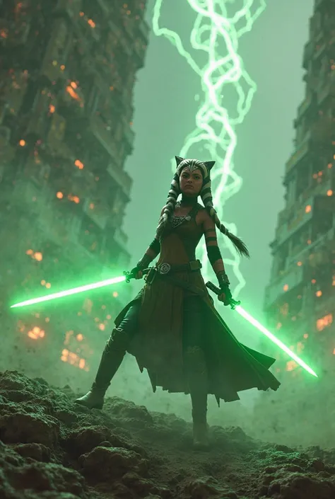 Azoka Tano with his back fighting the Sith, You must wear green light sabers, Wide angle,  rendered in octane ,  volumetric lighting ,  intricate details, ultra detailed, 3D image, resolution 64K.  photographic style :  Nikon D7500 camera 50mm lens , openi...