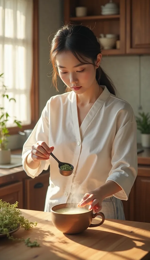  The young Korean woman adds a teaspoon of wormwood herb to a cup of boiling water. In the kitchen above the table wearing a white shirt
