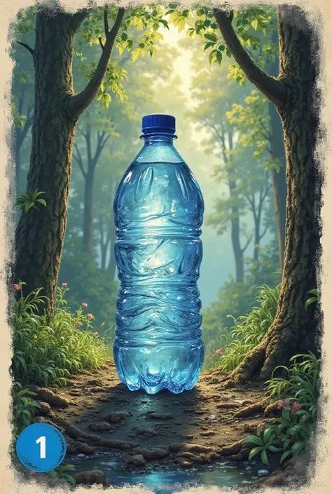 Can you generate a single card for me where on top of it is : -Marked "ressources" Basically , at the top -underneath an image "Water bottle" (Dans une forêt) -below the image there is marked "Water bottle"

at the bottom left there is a small blue circle....