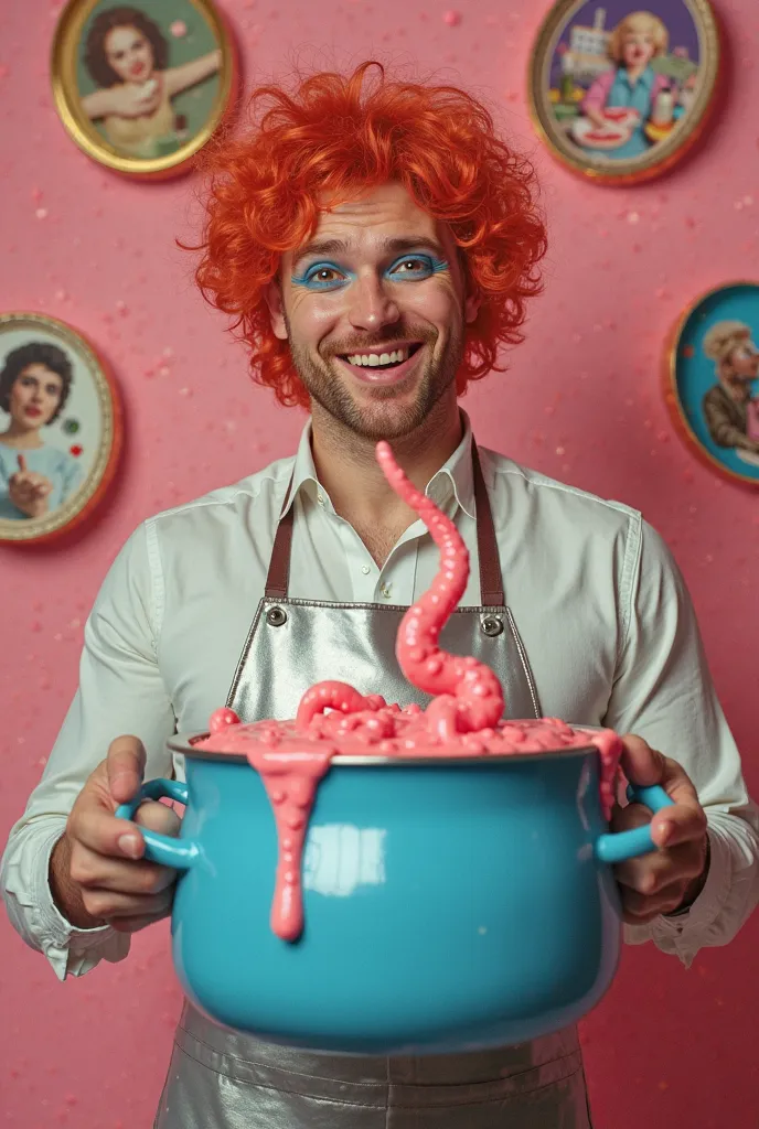 sheet of a retro-futuristic magazine from the 60s with a surreal and colorful aesthetic. small photos in the same image edited like a futuristic cooking magazine. A man with bright red curly hair, dramatic blue eyeshadow, and a silver apron smiles while ho...