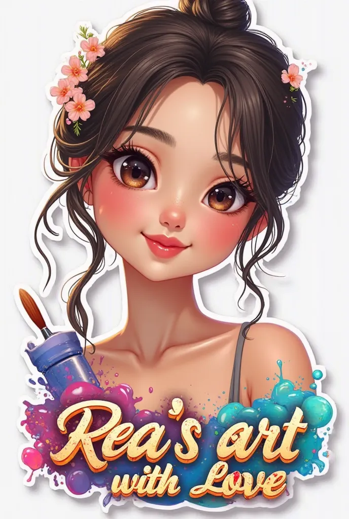 Create a 3D render of a hyper realistic photo in a sticker of a beautiful Filipina girl artist with dark small brown eyes, brunette hair in lose bun with mini flowers. Sweet smile. Below is a 3D name "Rea's art with Love" written in elegant curvey shinny r...