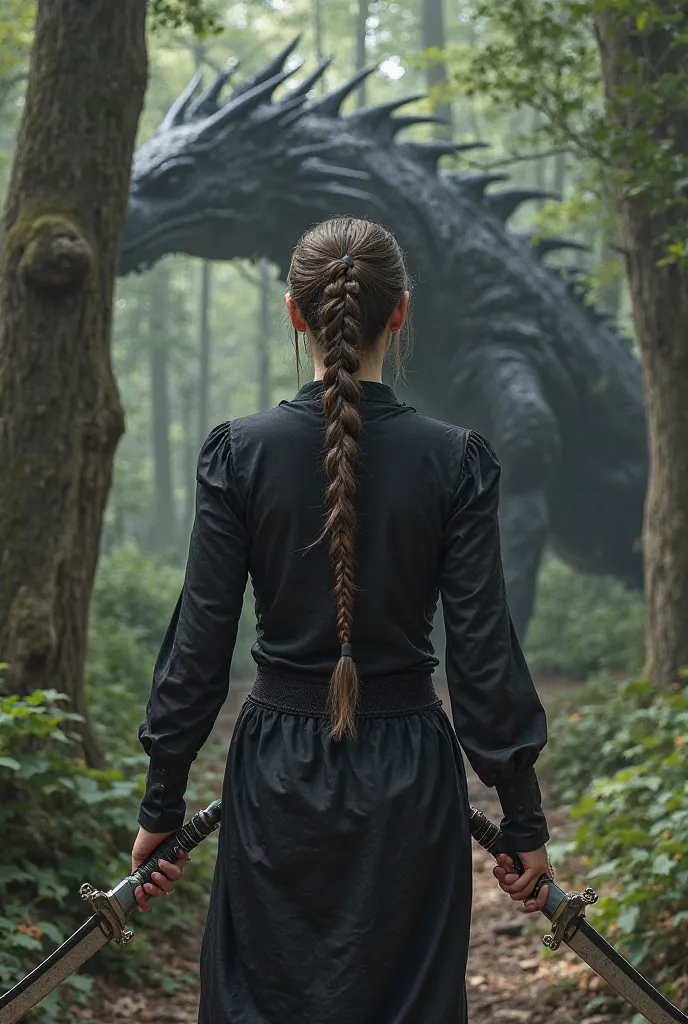 Sorrengail], [woman], [Braid], [brown hair with silver streaks], [Fear and Awe], [Black long-sleeved blouse with black pants],[Holding daggers] [Fighting pose], [In a forest], [looking at a giant black dragon[