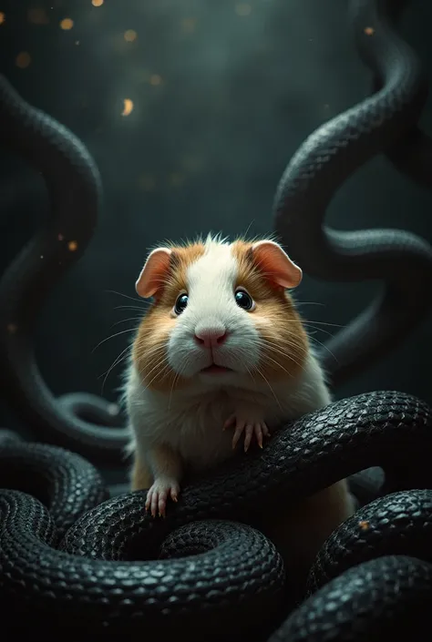 A guinea pig in front of a dark background with snakes 