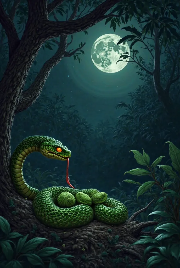 
Scene 4: The Snake’s Stealthy Approach

Prompt:
"A dark, ominous night in the jungle. A large, dangerous snake with glistening green and black scales slithers up the mango tree, its forked tongue flicking in and out. The moonlight highlights its sinister ...